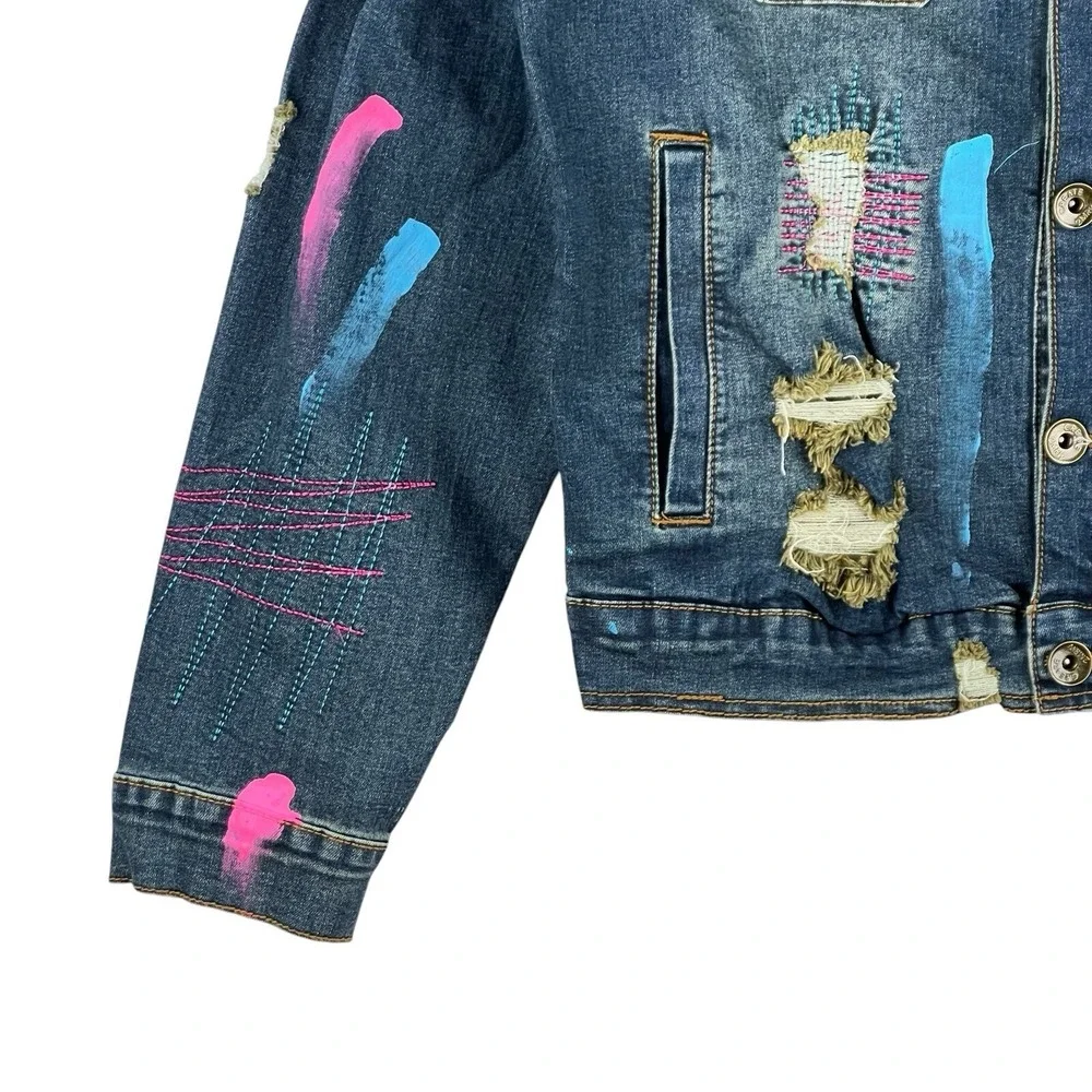 NWT Create 2MRW Men's Blue Jacket Size M Distressed Hand Painted Stretch $160.00